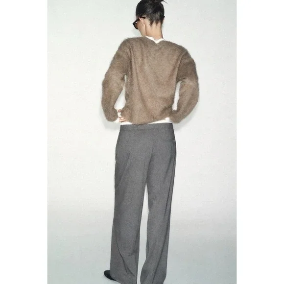 ZARA Trouser Wide Leg Pants Double Elastic Waist Drawstring Gray  L Tailored - Picture 4 of 8